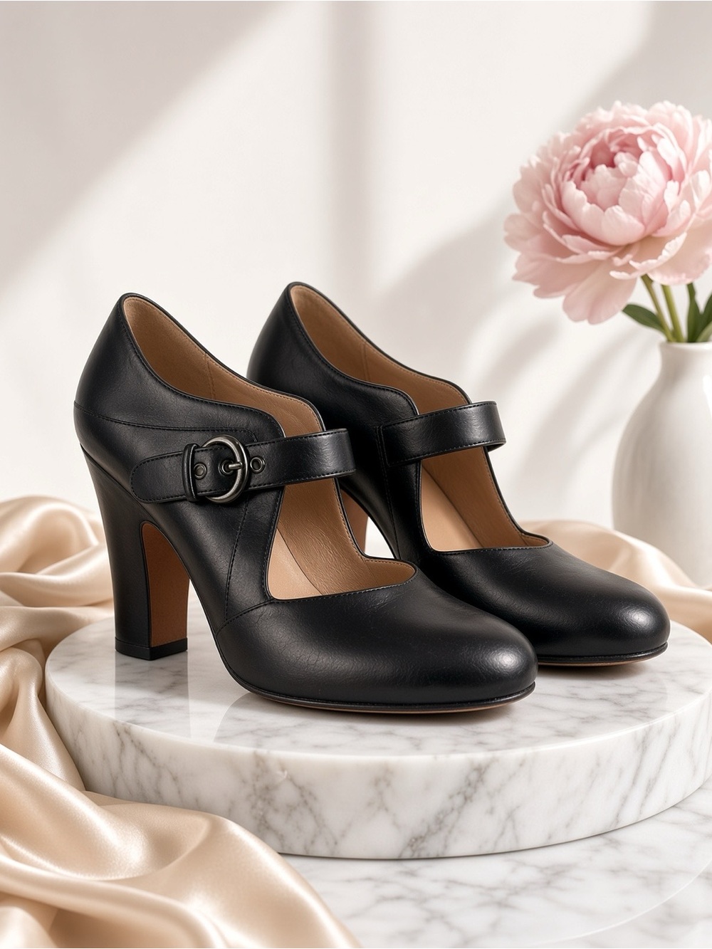 JOAN & DAVID Black Leather Mary Jane Pumps 7.5 with 4” Heel